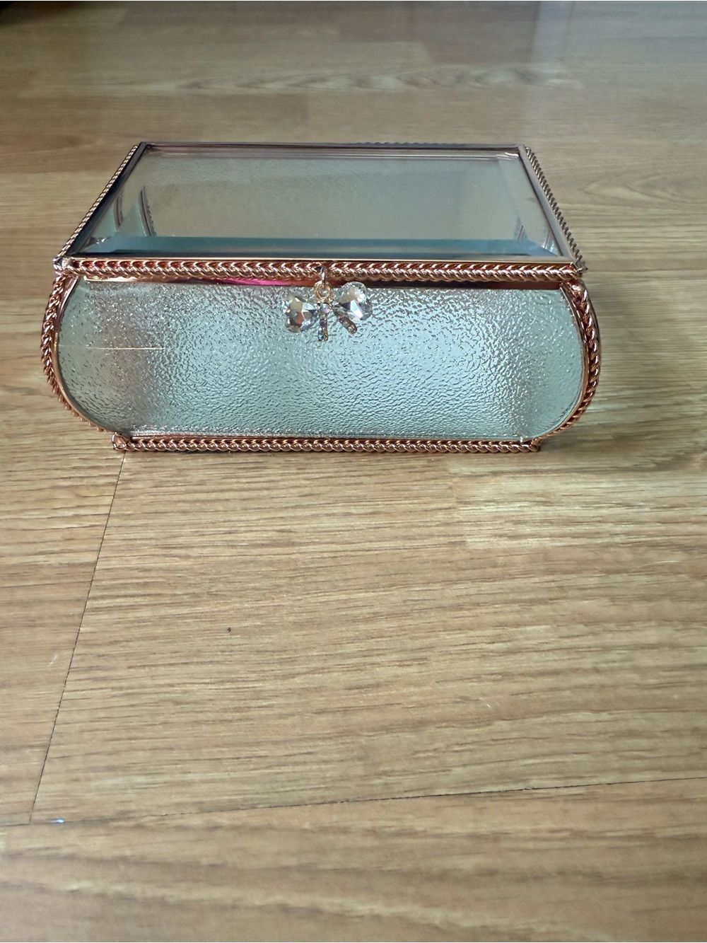 Nicole Miller Rose Gold Glass Jewelry Box with Crystal Bow Accent